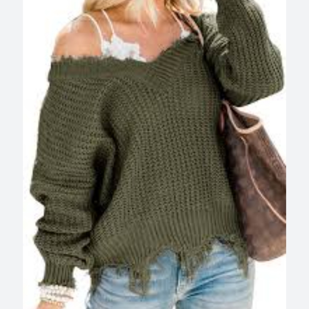 Olive green frayed V-neck sweater